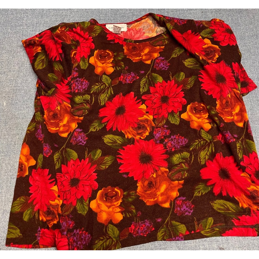C.D. Daniels Floral Knit Top Womens 1X Brown Red Orange Short Sleeve Crew Neck